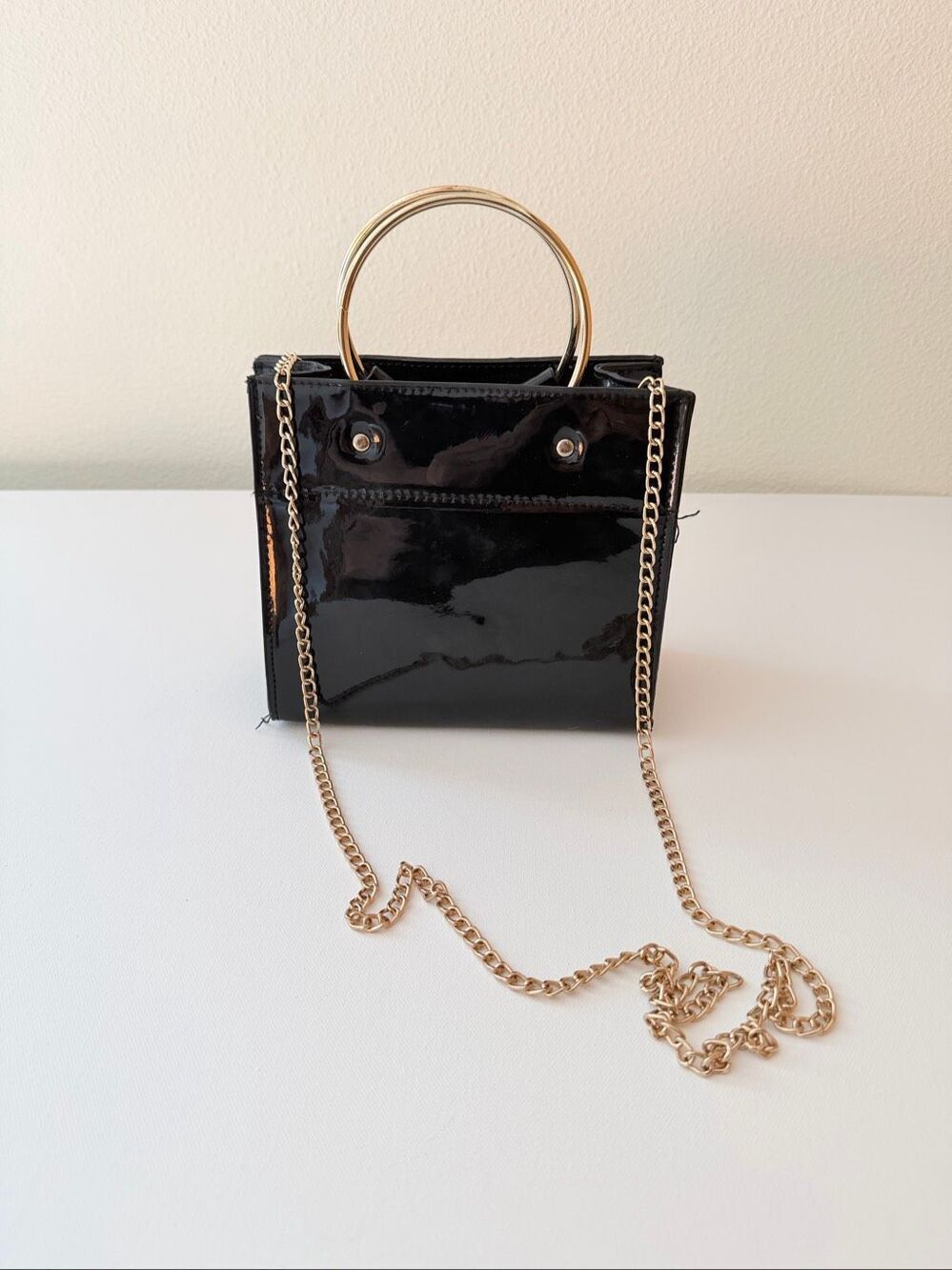 Love Vegan Sparkly Shiny Black Box Purse Faux Vegan Leather Circle Metal Handbag